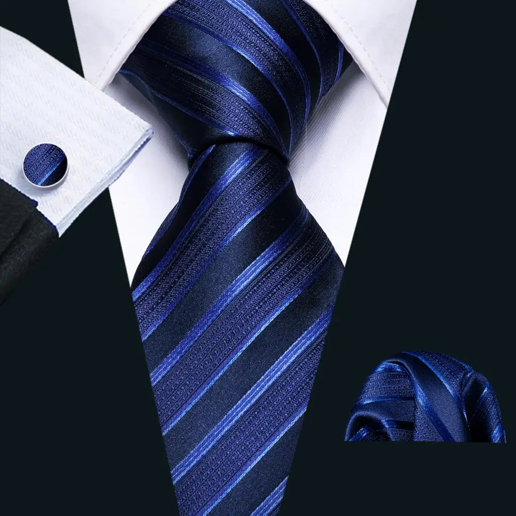 Men Tie Gold Navy Blue Striped Silk Tie Barry.Wang 3.4" Jacquard Party Wedding Woven Fashion Designers Necktie For Men Business